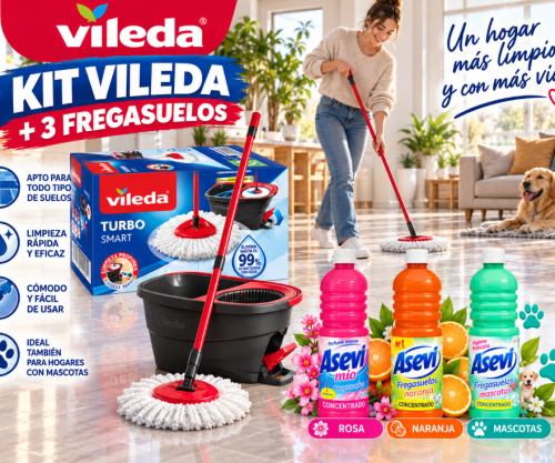 Set Vileda Turbo Smart Fregona + Cubo 5L + 3 Fregasuelos Asevi